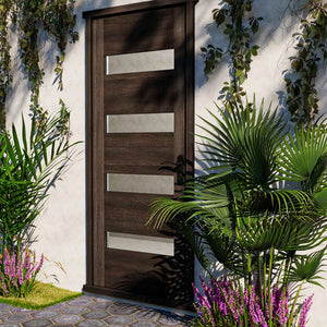 Wenge Wood Modern Four Panel Glass Solid Core Exterior Front Door in garden area