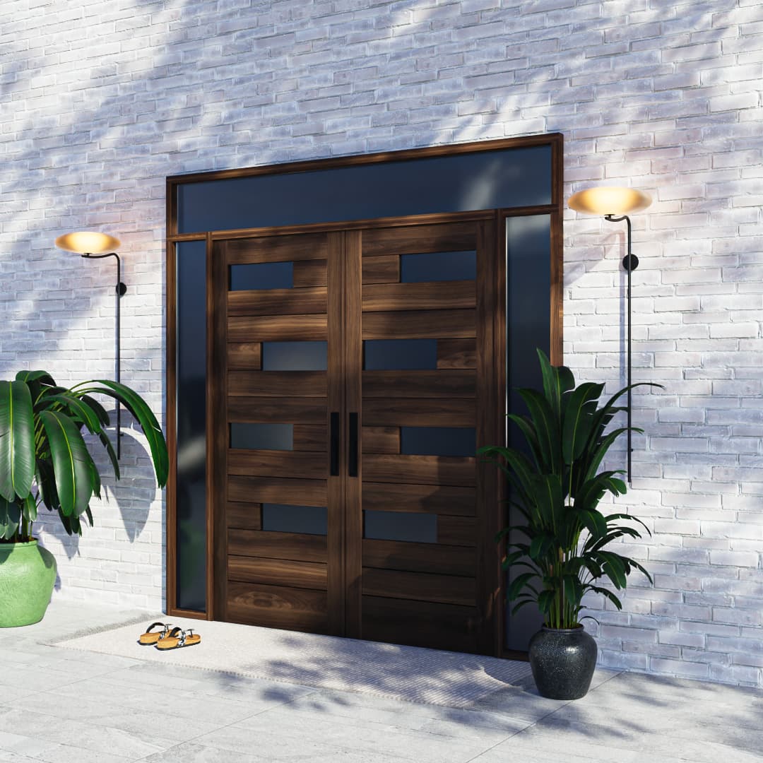 Offset Slat Modern Wood Double Front Doors With Glass