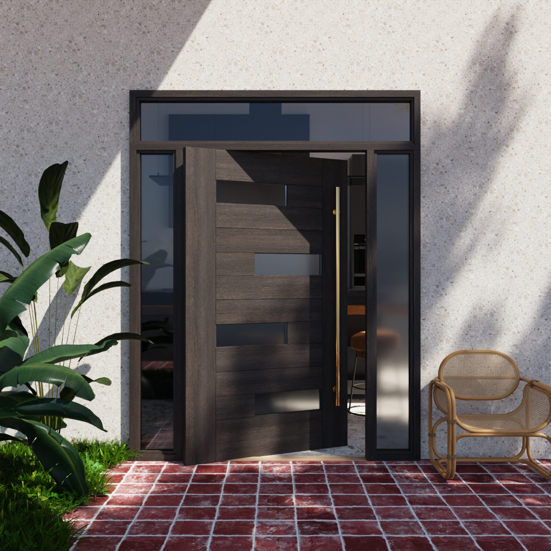 Off Set Doors Offset Slat Solid Wood Modern Pivot Door with Glass | RealCraft