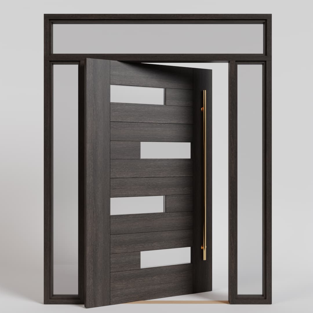 Offset Slat Solid Wood Modern Wood Pivot Door With Glass