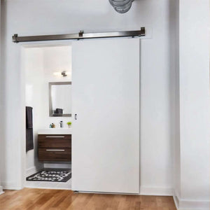 Box Rail Barn Door hardware installed on a white door in a bathroom area