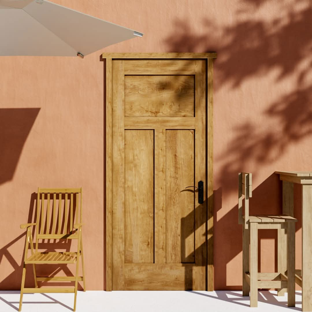 Shaker High-T Solid Core Exterior Front Door on a orange plaster wall