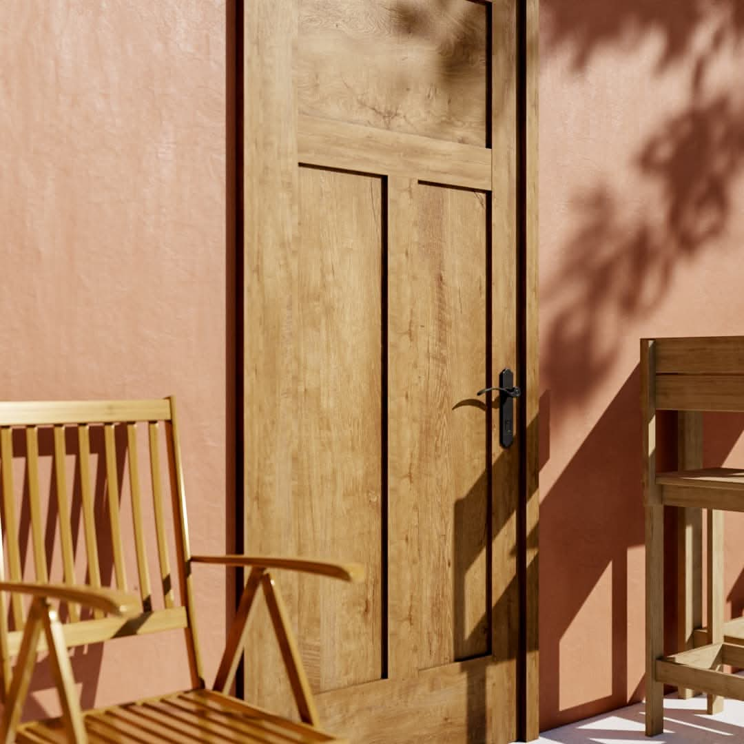 Shaker High-T Solid Core Exterior Front Door on a orange plaster wall