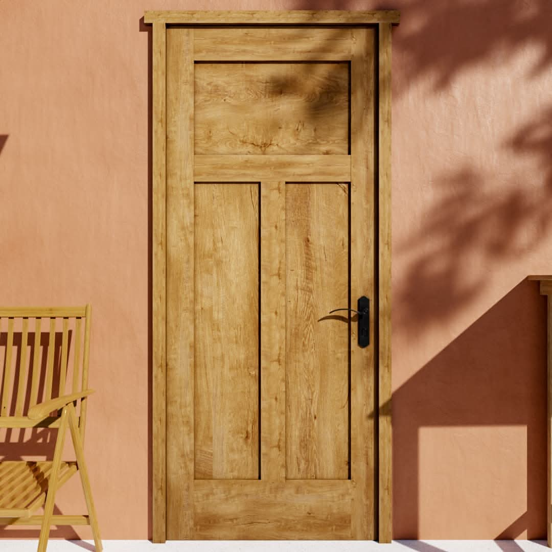 Shaker High-T Solid Core Exterior Front Door on a orange plaster wall