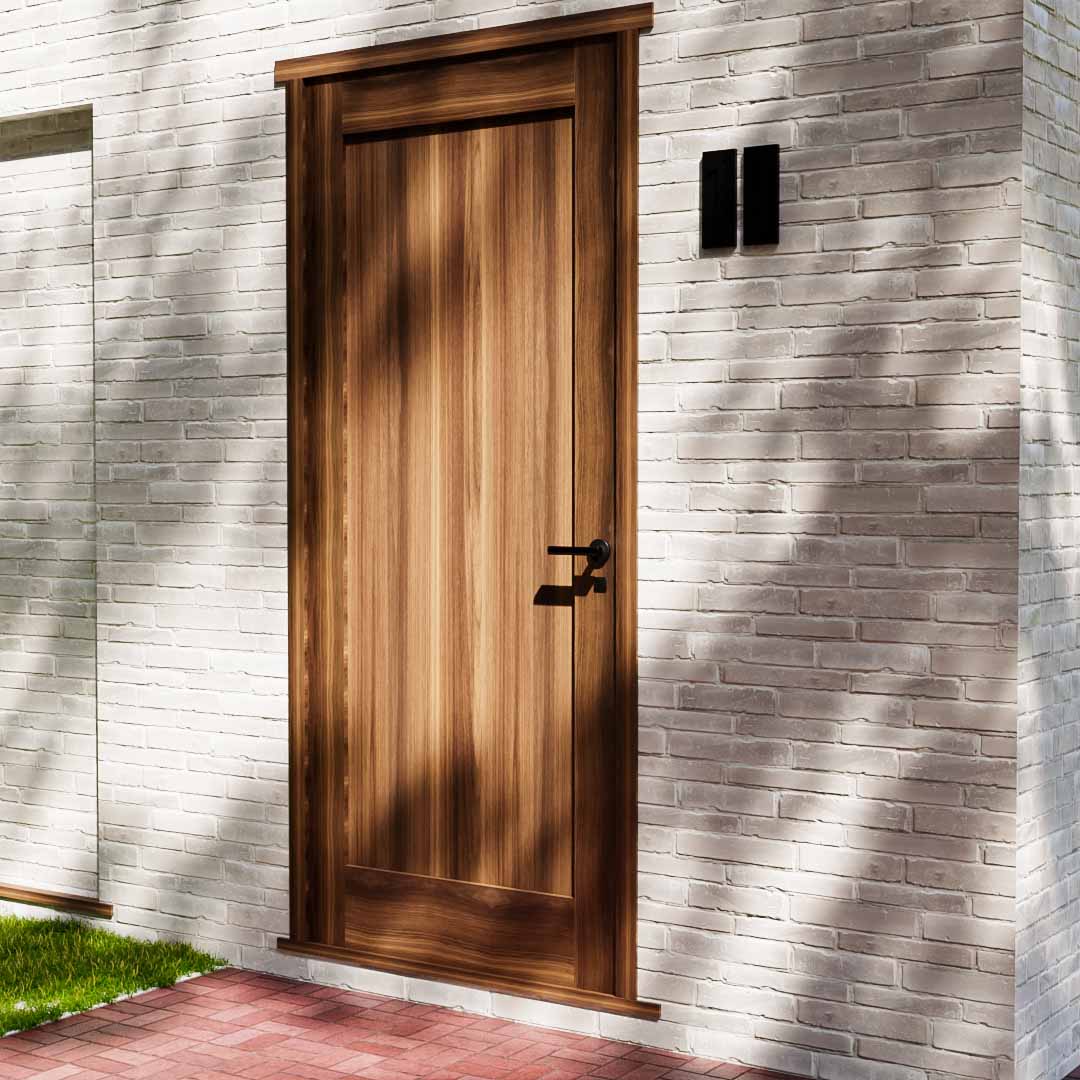 Shaker Classic Single Panel Solid Core Exterior Front Door installed on white brick wall