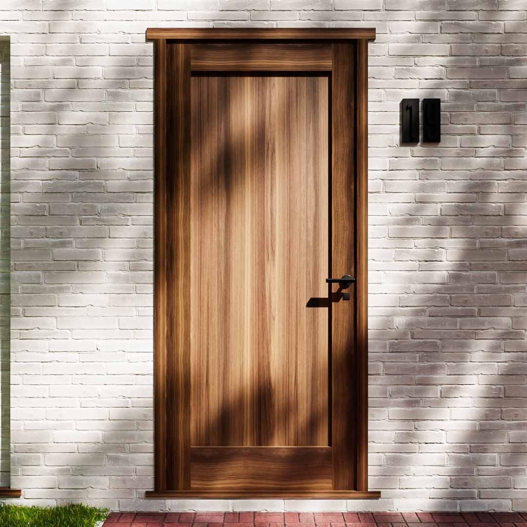 Shaker Classic Single Panel Solid Core Exterior Front Door installed on white brick wall