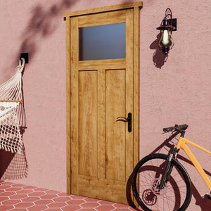 White Oak Craftsman T Window Glass Solid Core Exterior Front Door in a patio area next to a hammock and a bike.