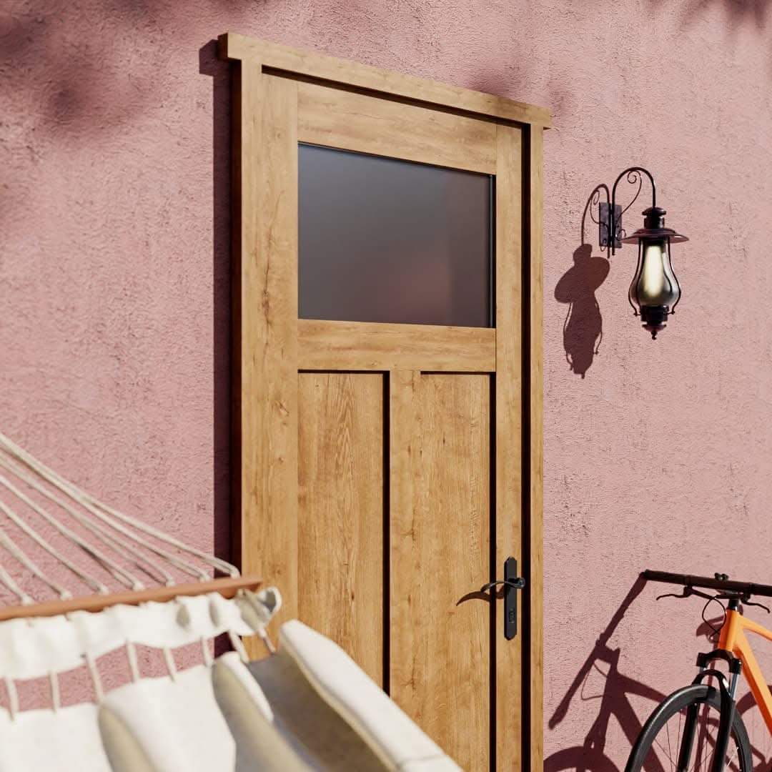 White Oak Craftsman T Window Glass Solid Core Exterior Front Door in a patio area next to a hammock and a bike