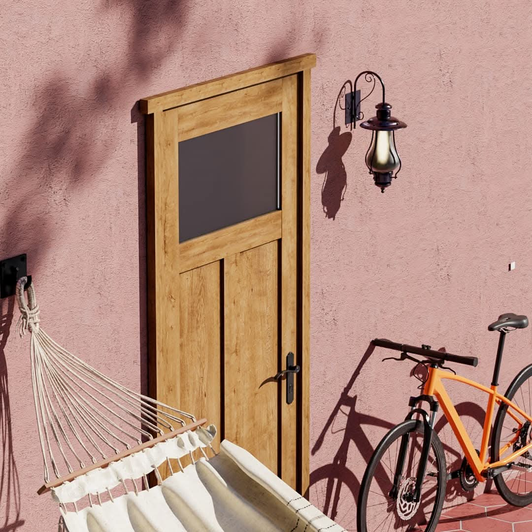 White Oak Craftsman T Window Glass Solid Core Exterior Front Door in a patio area next to a hammock and a bike