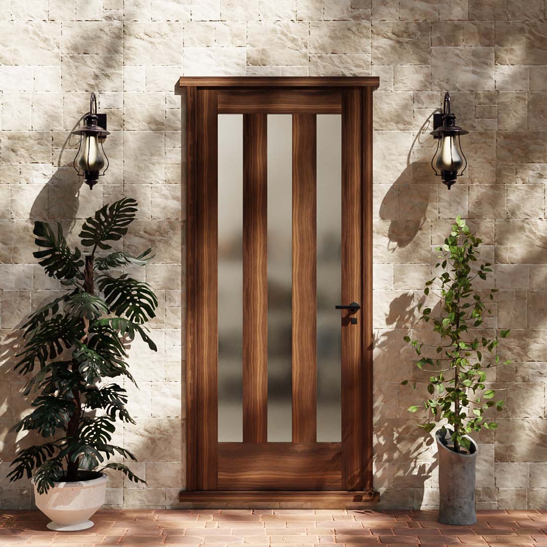 Tacoma Solid Core Exterior Door With Vertical Glass Panels on house exterior with plants