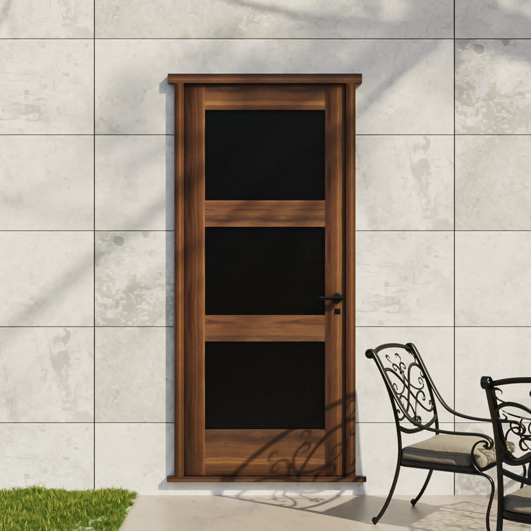 Modern Three Panel Glass Solid Core Exterior Front Door in a patio area