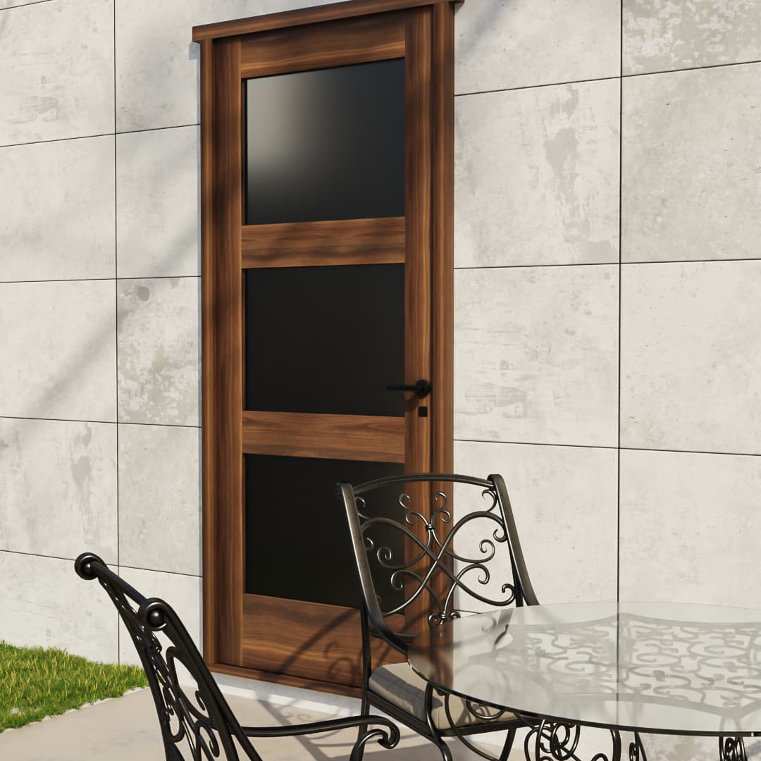 Modern Three Panel Glass Solid Core Exterior Front Door in a patio area