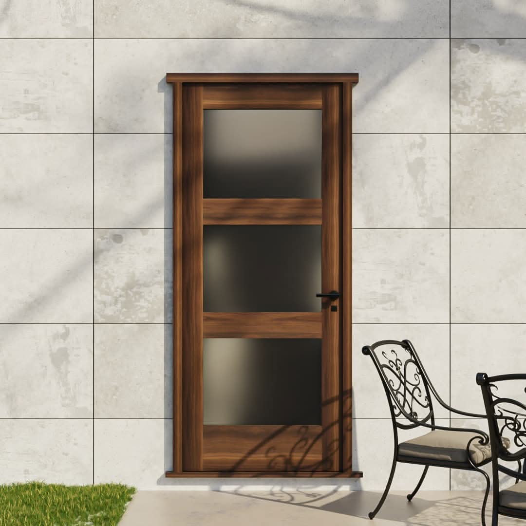 Modern Three Panel Glass Solid Core Exterior Front Door in a patio area