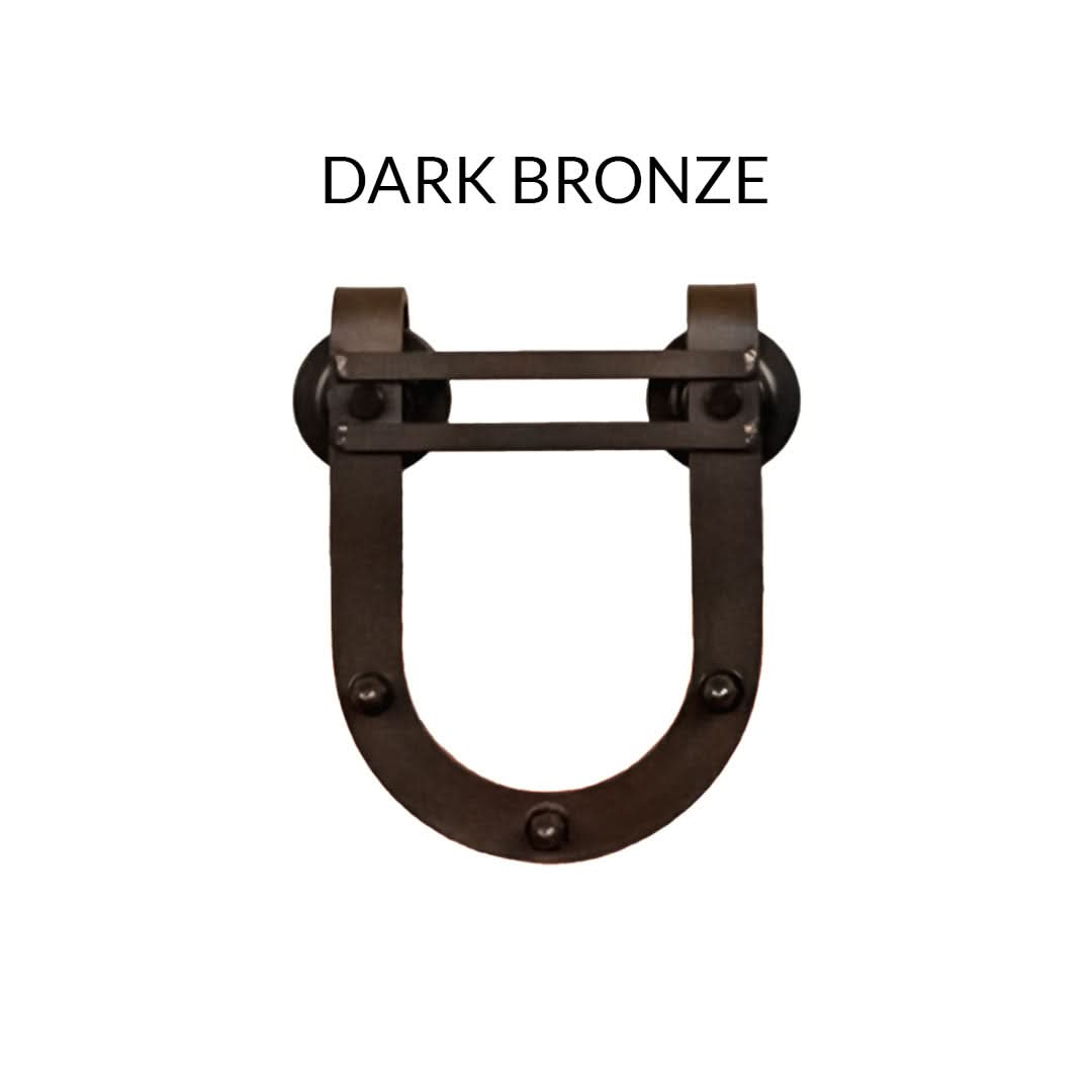 Rustic farmhouse barn door hardware hanger in dark bronze